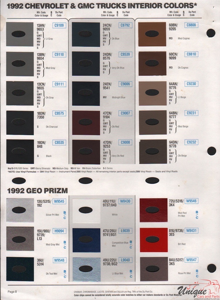 1992 GM GEO LeMans Saturn Paint Charts DuPont 1